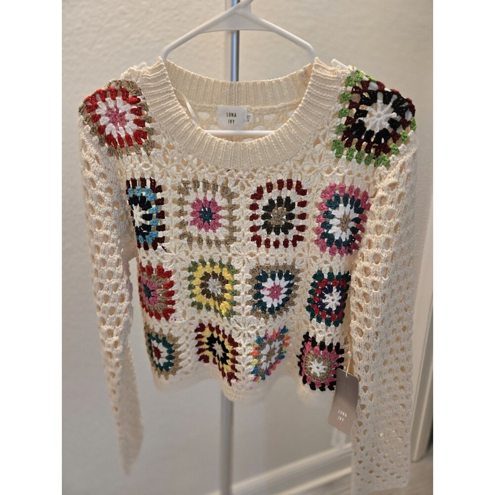 Luna Ivy Granny Square Crochet Sweater Cream Colorful Open Knit Women Size S NWT